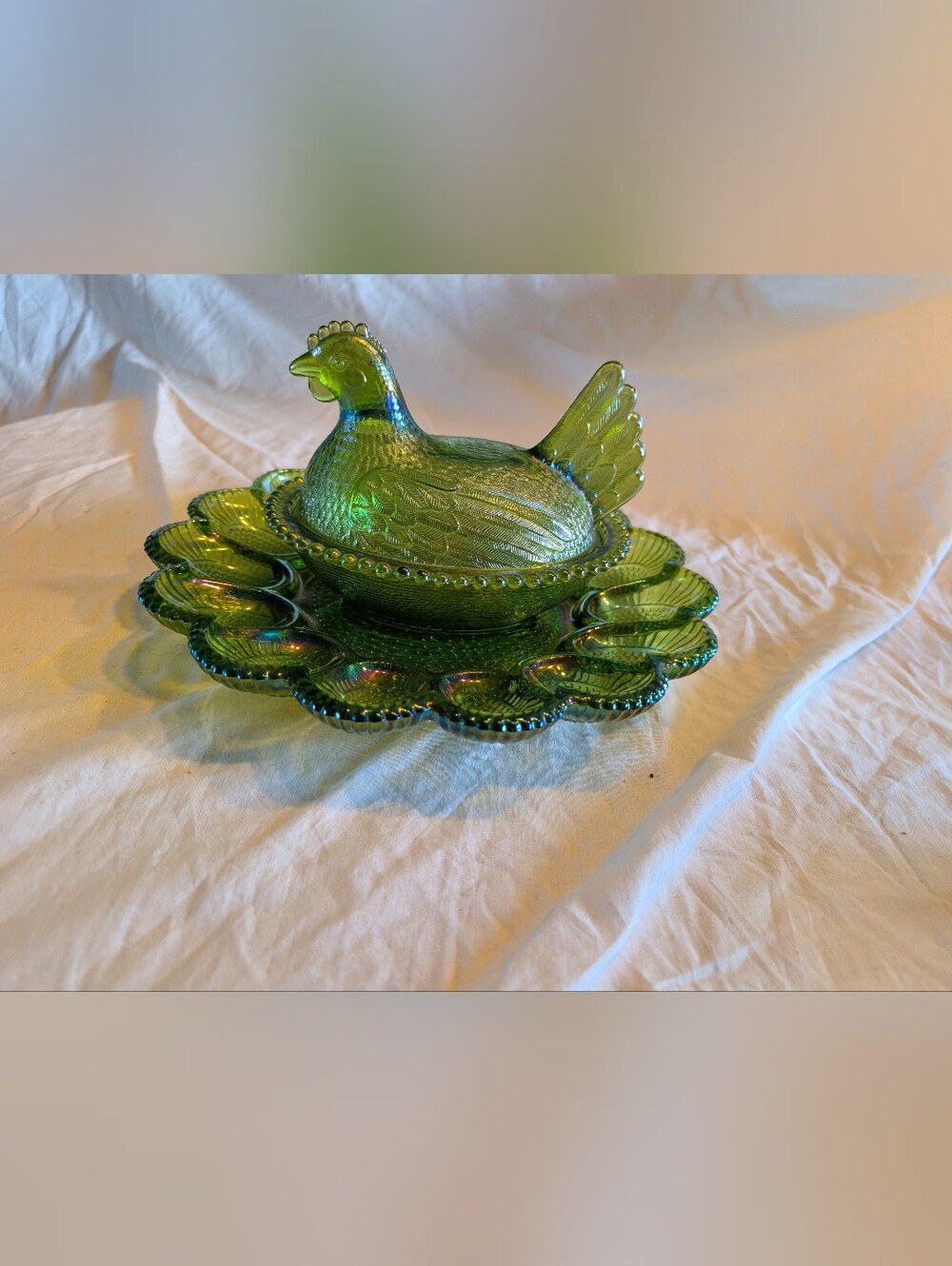 RESERVE Indiana Glass Green Iridescent Hen-on-Nest Covered Dish with Egg Plate